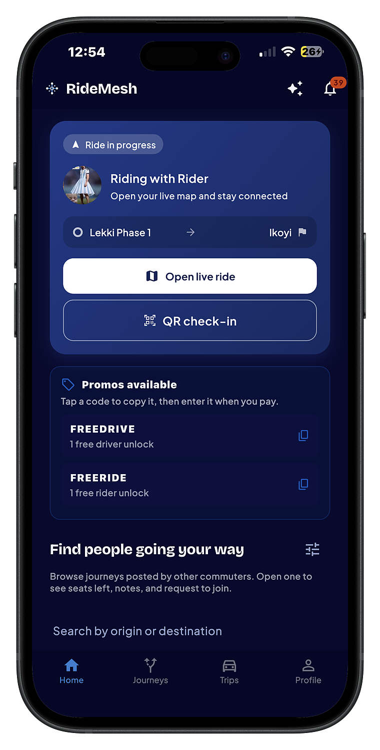 RideMesh live screen view